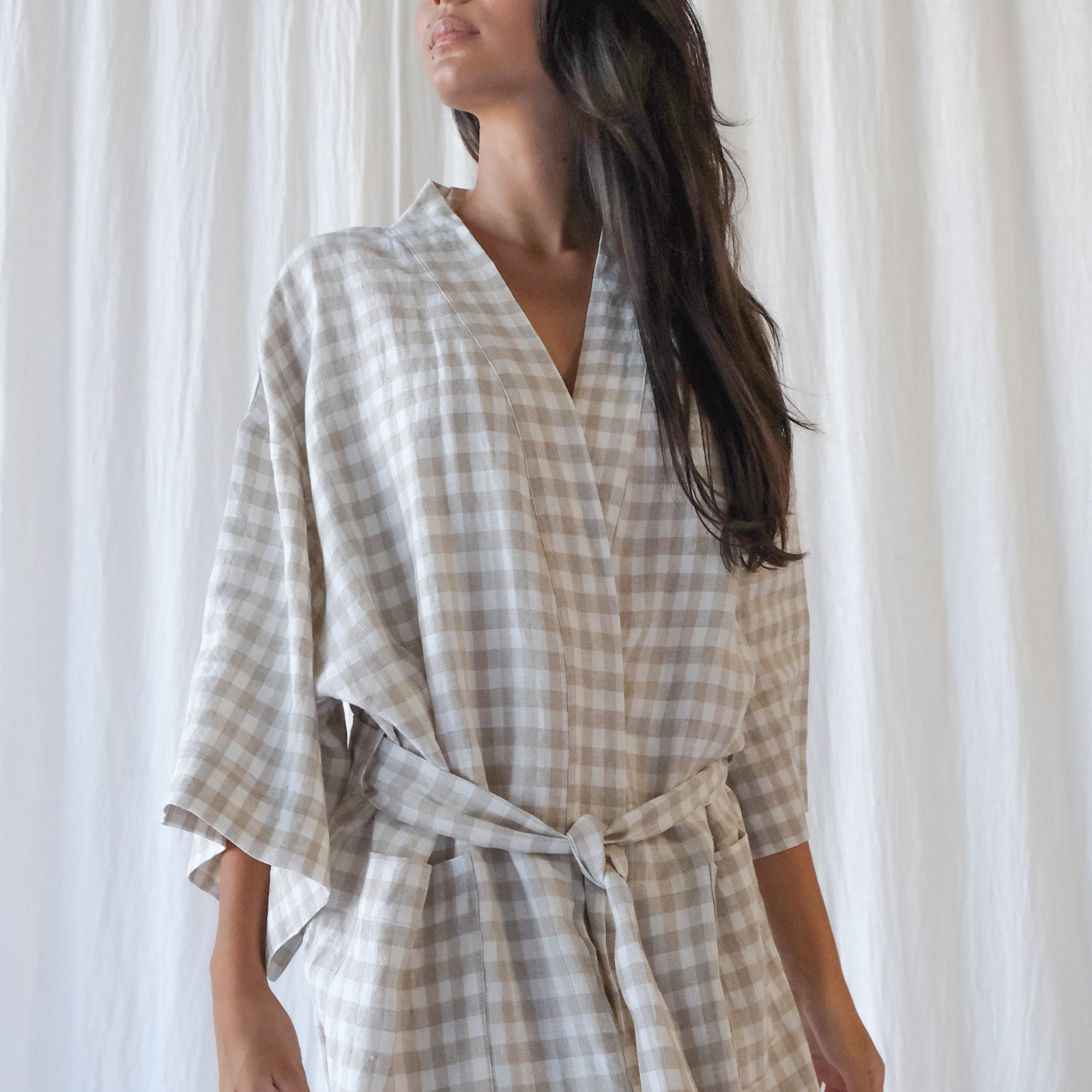 French Linen Robe in Beige Gingham