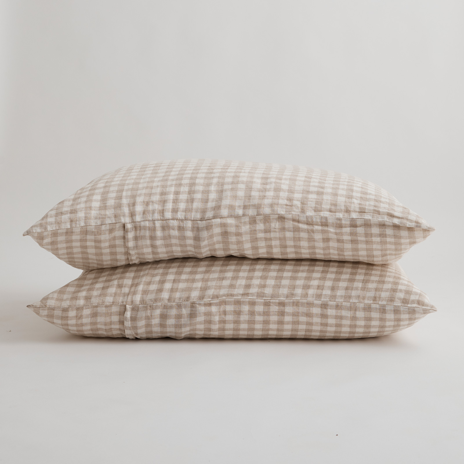 100% Pure Linen Beige Gingham Standard Pillowcase Set (2)