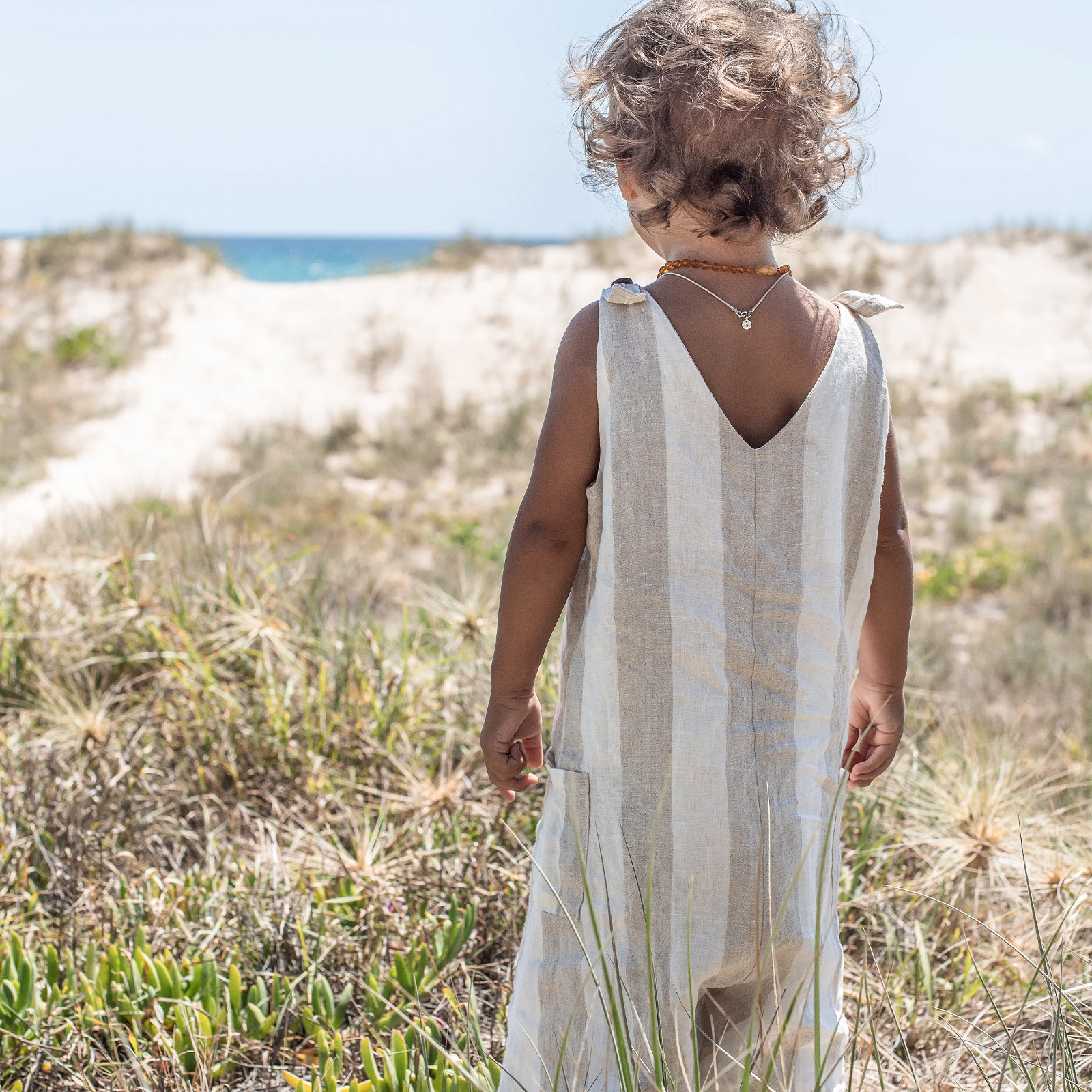 Kids French Linen Jumpsuit in Natural Thick Stripe